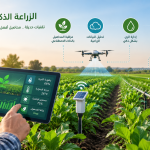 صورة توضيحية للزراعة الذكية توظف الطائرات المسيّرة والحساسات والري الذكي لتحسين الإنتاج الزراعي.