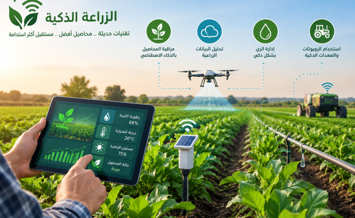 صورة توضيحية للزراعة الذكية توظف الطائرات المسيّرة والحساسات والري الذكي لتحسين الإنتاج الزراعي.