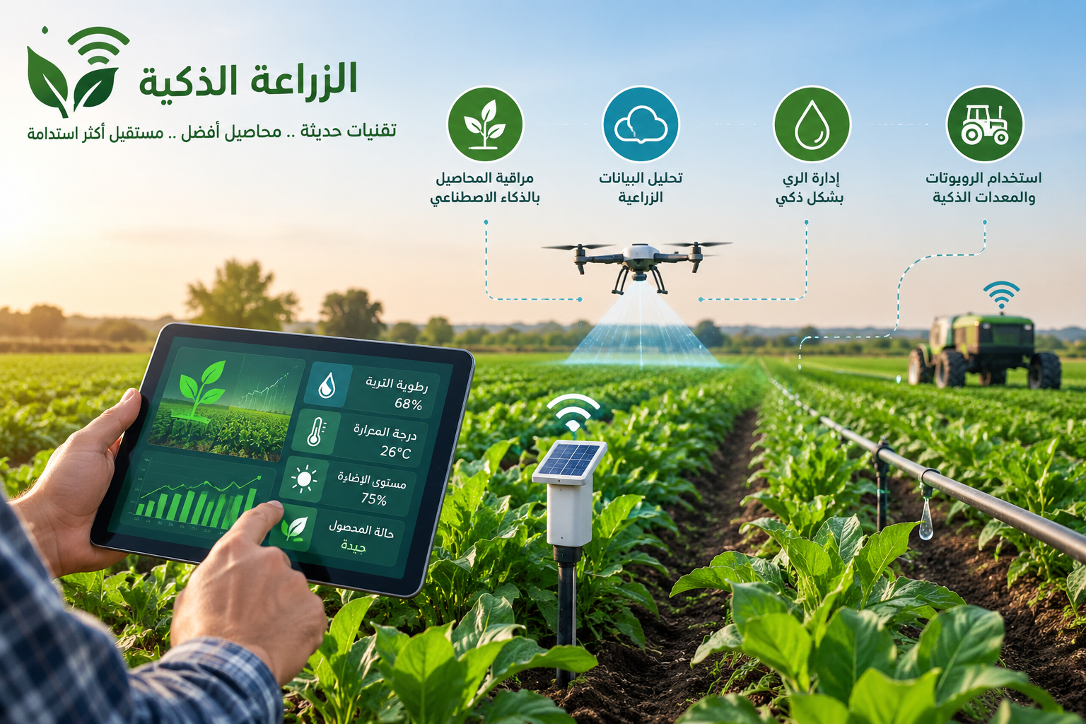 صورة توضيحية للزراعة الذكية توظف الطائرات المسيّرة والحساسات والري الذكي لتحسين الإنتاج الزراعي.